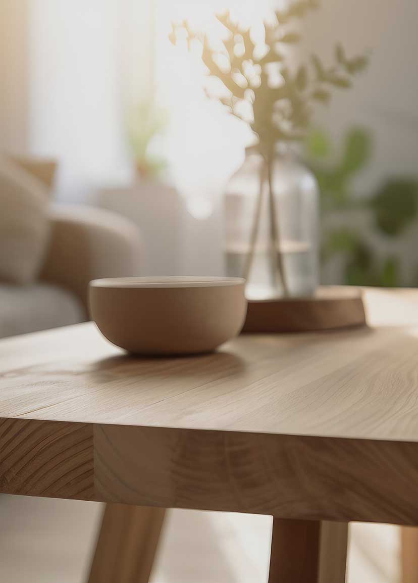 Massive Tischplatte aus Holz im Wohnzimmer