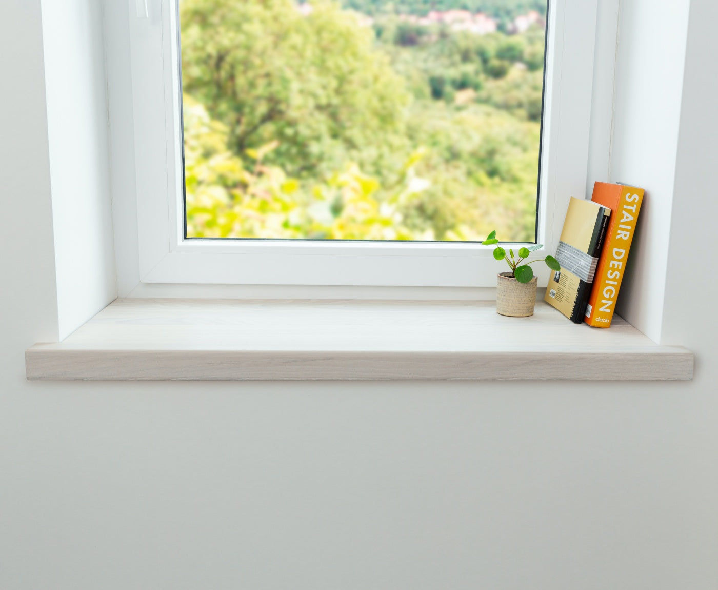 Weiße Aufsatzfensterbank aus Holz im Innenbereich. Verdeckt alte Fensterbank vollständig - mit Pflanze und Büchern.