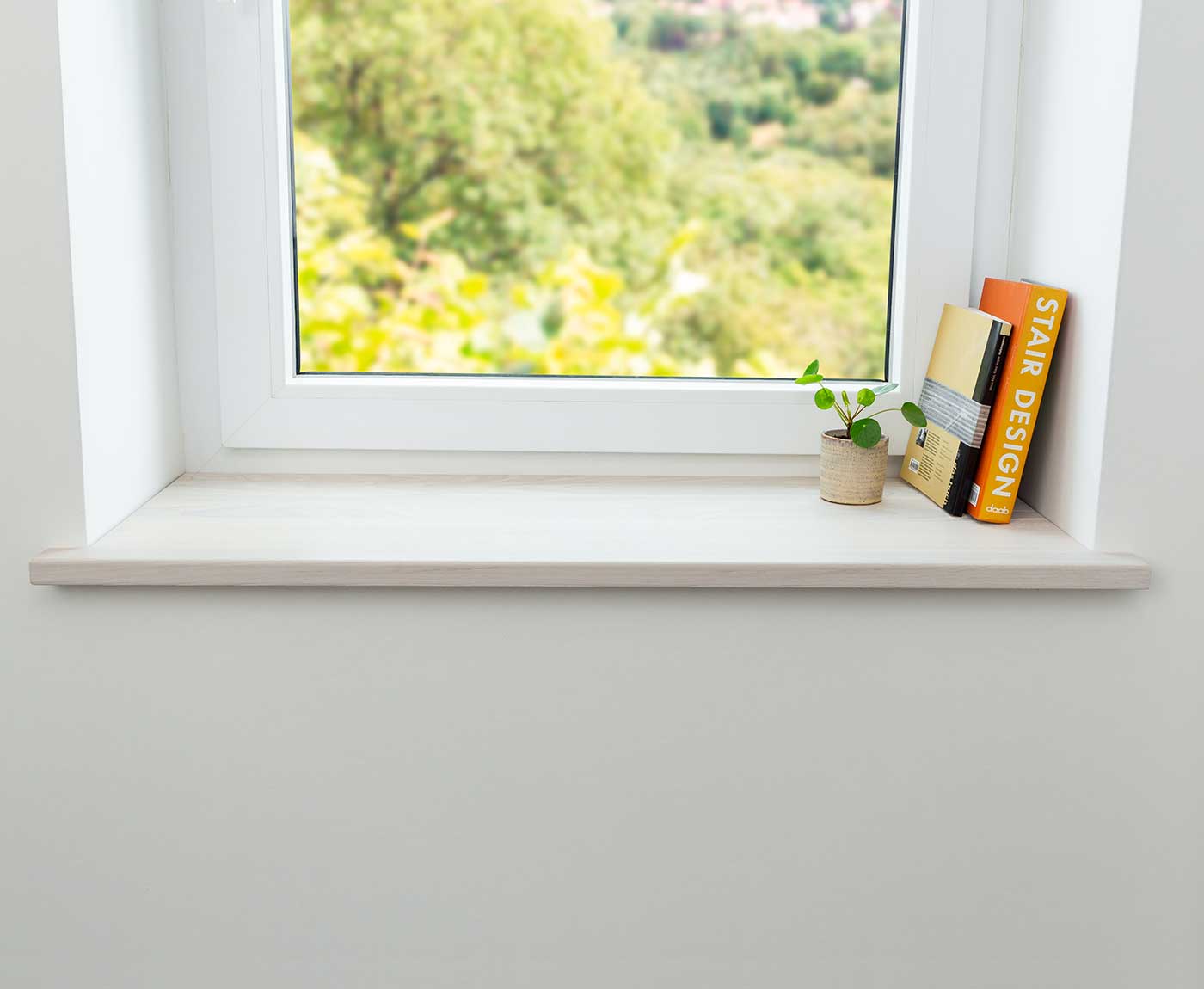 Weiße Fensterbank innen aus Holz mit Pflanze und Büchern.