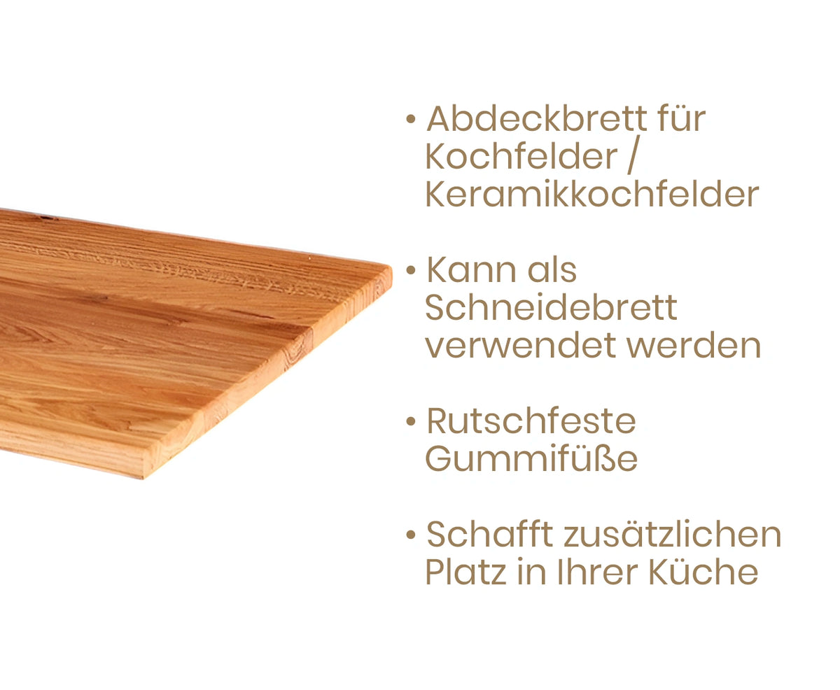 Kochfeldabdeckung aus Holz mit Beschriftungen zu Produktvorteilen und -eigenschaften.