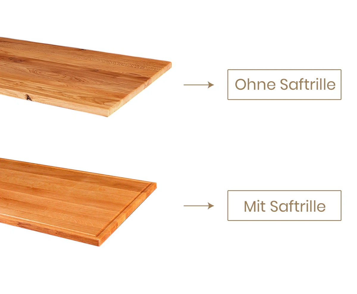 Beschriftungen an zwei Holzbretten mit und ohne Saftrille.